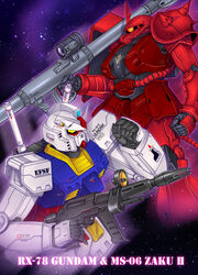  bazooka_(gundam) beam_rifle character_name clenched_hand energy_gun english_commentary flying gun gundam highres holding holding_gun holding_weapon john_r looking_up mecha mobile_suit_gundam motion_blur no_humans one-eyed orange_eyes robot rx-78-2 science_fiction space v-fin weapon yellow_eyes zaku_ii_s_char_custom zeon 