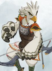  anthro armor avian beak bird bow_(weapon) braided_pseudo_hair feathers great_eagle_bow male nintendo ranged_weapon rito sheep_riritoto tears_of_the_kingdom teba_(tloz) the_legend_of_zelda weapon white_body white_feathers 