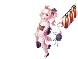  :3 ahoge animal_ears azur_lane blush cannon crown female food full_body hair_between_eyes hand_fan japanese_clothes juno_(azur_lane) juno_(fairly_flavourful_festival)_(azur_lane) kaede_(yumesaki_kaede) kimono mini_crown official_alternate_costume official_art open_mouth paper_fan pink_hair ribbon side_ponytail smile solo takoyaki takoyaki_pan transparent_background uchiwa yellow_eyes yukata 