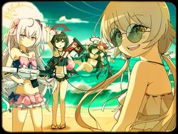  5girls angel_wings anti-materiel_rifle assault_rifle azusa_(blue_archive) azusa_(swimsuit)_(blue_archive) ball beach beachball blue-tinted_eyewear blue_archive breasts cleavage feathered_wings gun halo hifumi_(blue_archive) hifumi_(swimsuit)_(blue_archive) highres holding holding_ball holding_beachball holding_gun holding_weapon large_breasts long_hair looking_at_viewer looking_back maaki12 mashiro_(blue_archive) mashiro_(swimsuit)_(blue_archive) multiple_girls ocean official_alternate_costume rifle sandals seaside_sukeban_(smg)_(blue_archive) short_hair sniper_rifle sunglasses swimsuit tinted_eyewear tsurugi_(blue_archive) tsurugi_(swimsuit)_(blue_archive) waving_arm weapon wings wrestling 