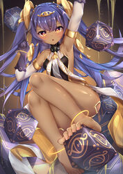  anklet arm_up armpit_peek armpits bangle bare_shoulders barefoot bracelet breasts convenient_leg cube dark-skinned_female dark_skin egyptian egyptian_clothes elbow_sleeve eye_print feet female floating floating_object gloves hair_between_eyes hair_ornament highres jewelry knees_together_feet_apart leotard nephtim_(world_flipper) pink_nails purple_gloves sand sideless_outfit small_breasts solo strapless strapless_leotard thighs toes twintails umou_(may65879) world_flipper yellow_eyes 