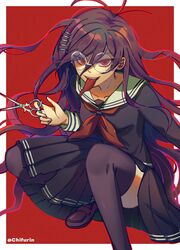  artist_name black_shirt black_skirt black_thighhighs border breasts chifurin danganronpa:_trigger_happy_havoc danganronpa_(series) female foot_out_of_frame fukawa_toko genocider_shou glasses hair_ornament hairclip highres holding holding_scissors long_hair long_sleeves medium_breasts neckerchief outside_border pleated_skirt red_background red_eyes red_neckerchief round_eyewear sailor_collar scissors shirt shoes skirt solo squatting teeth thighhighs tongue tongue_out torn_clothes torn_skirt white_border 