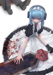  1boy absurdres apron black_gloves black_pants black_socks blood blood_on_clothes blood_on_dress blood_on_weapon blue_hair blunt_bangs blunt_ends blush bow bowtie circle_skirt closed_mouth dress dress_shoes female gloves greatsword hand_on_blade headphones high_collar highres holding holding_sword holding_weapon looking_at_object looking_down magan0301 maid maid_apron maid_headdress murder on_ground original out_of_frame pants pool_of_blood puffy_short_sleeves puffy_sleeves purple_eyes red_bow red_bowtie short_sleeves single_glove socks sword underbust weapon 