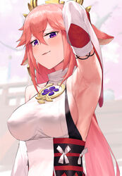  animal_ears arm_up armpit_focus armpits bare_shoulders blush breasts cherry_blossoms covered_nipples detached_sleeves female fox_ears genshin_impact highres japanese_clothes large_breasts long_hair looking_at_viewer nontraditional_miko outdoors pink_hair presenting_armpit purple_eyes sideboob smelly_armpits solo steaming_body sweat takutaku12364 upper_body white_sleeves wide_sleeves yae_miko 