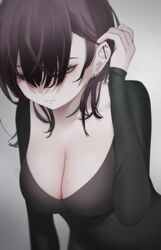  adjusting_eyewear black_dress black_hair blue_eyes breasts cleavage closed_mouth collarbone dress ear_piercing expressionless female gradient_background grey_background hair_behind_ear hair_over_eyes highres large_breasts long_sleeves migihidari_(puwako) mole mole_on_breast mole_under_mouth original piercing short_hair solo upper_body 