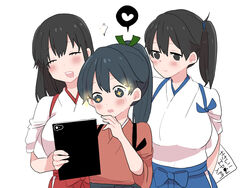  +_+ 3girls akagi_(kancolle) arms_behind_back black_eyes black_hair breasts closed_eyes commentary_request hakama heart houshou_(kancolle) japanese_clothes kaga_(kancolle) kantai_collection large_breasts multiple_girls open_mouth paper ponytail side_ponytail smile spoken_heart tablet_pc translated yoichi_(umagoya) 