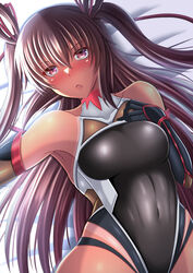  :o absurdres arm_guards bare_shoulders bed black_gloves black_leotard blush breasts brown_hair covered_navel dark-skinned_female dark_skin female gloves hair_ornament highres impossible_clothes impossible_leotard kanna_(minamozuki) leotard long_hair lying mizuki_yukikaze ninja open_mouth pink_eyes solo taimanin_(series) taimanin_suit taimanin_yukikaze tan tanlines very_long_hair 