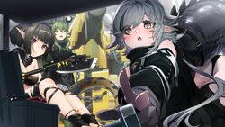  3girls absurdres antenna_hair arknights big_ugly_(arknights) black_footwear black_hair black_jacket black_tunic blush bolt_(hardware) crocodilian_tail eunectes_(arknights) gavial_(arknights) gloves goggles goggles_around_neck green_hair grey_eyes grey_gloves grey_hair highres holding holding_polearm holding_weapon jacket knee_pads long_hair multicolored_hair multiple_girls oerba_yun_fang open_mouth partially_fingerless_gloves pointy_ears polearm purple_eyes reaching reaching_towards_viewer seto_tinami short_hair single_knee_pad sitting skin_fang snake_tail streaked_hair tail teeth tomimi_(arknights) tongue toolbox upper_teeth_only weapon yellow_eyes 