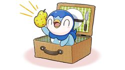  berry_(pokemon) blush closed_eyes commentary_request holding lunchbox no_humans official_art open_mouth piplup plaid plate pokemon pokemon_(creature) project_pochama sitrus_berry smile solo tongue white_background 