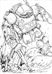  armored_trooper clenched_hand english_commentary extra_eyes from_above greyscale gun highres holding holding_gun holding_weapon john_r looking_ahead mecha monochrome no_humans radio_antenna robot science_fiction scopedog skating solo soukou_kihei_votoms weapon 