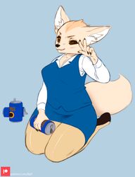  aggretsuko anthro beverage beverage_can big_breasts blue_background blue_clothing blush bottomwear breasts brown_eyes can canid canine claws clothed clothing container female fennec_fox fenneko fox fur gesture hand_gesture hi_res holding_beverage holding_can holding_container holding_object ilp0 kneeling looking_at_viewer mammal nails pencil_skirt sanrio simple_background skirt smile solo thick_thighs true_fox v_sign wide_hips 