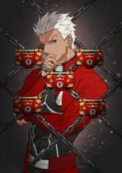  1boy archer_(fate) armor chains covering_own_mouth dark-skinned_male dark_skin expressionless fate/stay_night fate_(series) g0ringo grey_background grey_eyes gyakuten_saiban light_particles lock looking_at_viewer male_focus parody psyche-lock signature solo upper_body white_hair 