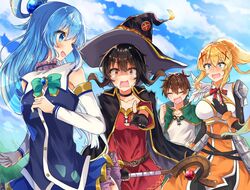  1boy 3girls absurdres aqua_(konosuba) black_hair blonde_hair blue_eyes blue_hair blush brown_hair closed_eyes darkness_(konosuba) fingerless_gloves gloves grin hair_ornament hat highres holding holding_staff holding_weapon kono_subarashii_sekai_ni_shukufuku_wo! long_hair megumin multiple_girls one_eye_closed red_eyes satou_kazuma short_hair short_hair_with_long_locks smile staff weapon witch_hat x_hair_ornament yuno_(suke_yuno) 