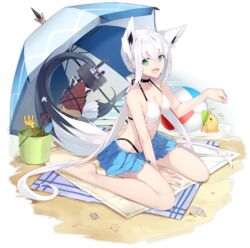  :d ahoge animal_ears azur_lane bare_arms bare_shoulders beach_mat beach_umbrella between_legs bikini bird blue_skirt breasts bucket chick choker cleavage extra_ears female fox_ears fox_girl fox_tail front-tie_bikini_top front-tie_top green_eyes halterneck hololive long_hair looking_at_viewer manjuu_(azur_lane) medium_breasts miniskirt nagishiro_mito official_alternate_costume official_art open_mouth oruyanke_(shirakami_fubuki) sand shirakami_fubuki shirakami_fubuki_(beachside_fox) sidelocks sitting skirt smile solo swimsuit tail transparent_background turret umbrella very_long_hair virtual_youtuber wariza white_bikini white_hair 