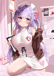  absurdres ahoge azur_lane bare_shoulders blush breasts classic_(zildjian33) closed_mouth dress female hair_ribbon hat highres large_breasts long_hair looking_at_viewer nurse nurse_cap official_alternate_costume one_side_up pantyhose purple_eyes purple_hair ribbon smile solo unicorn_(angelic_nurse)_(azur_lane) unicorn_(azur_lane) white_dress white_pantyhose 