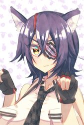  :3 animal_ear_fluff animal_ears black_gloves black_necktie cat_day cat_ears checkered_clothes checkered_necktie eyebrows eyepatch female fingerless_gloves fluff gloves highres kantai_collection medium_hair necktie one-eyed purple_hair shirt sleeveless sleeveless_shirt smile tenryuu_(kancolle) upper_body white_shirt yellow_eyes yuudadou 