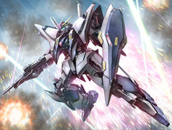  beam_rifle energy_gun explosion flying glowing glowing_eyes green_eyes gun gundam gundam_hathaway&#039;s_flash holding holding_gun holding_weapon looking_up mecha no_humans robot science_fiction shield solo studiozombie v-fin weapon xi_gundam 