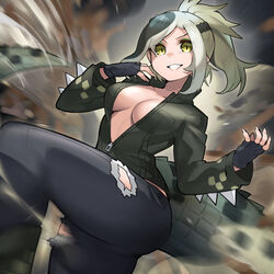  asymmetrical_hair baniran_dorosu black_gloves black_pants braid breast_pocket breasts collarbone collared_jacket crocodilian_tail female fingerless_gloves fingernails french_braid gloves green_eyes green_hair green_jacket grin hand_to_own_mouth hands_up high_collar high_ponytail jacket kemono_friends long_hair long_sleeves looking_at_viewer medium_breasts motion_blur multicolored_hair no_bra pants partially_unzipped pocket pose saltwater_crocodile_(kemono_friends) sharp_fingernails slit_pupils smile solo spiked_jacket spikes tail torn_clothes torn_pants zipper zipper_pull_tab 