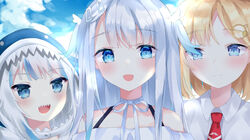  3girls absurdres amatsuka_uto angel_wings animal_hood asakura1540 blonde_hair blue_eyes blue_hair blue_hoodie creator_connection detached_sleeves dip-dyed_hair dress eyebrows_visible_through_hair fangs gawr_gura hair_ornament hairclip halter_dress halter_top halterneck highres hololive hololive_english holomyth hood hoodie indie_virtual_youtuber looking_at_viewer mini_necktie monocle_hair_ornament multiple_girls mustache_print off-shoulder_dress off_shoulder open_mouth ribbon shark_girl shark_hair_ornament shark_hood shirt short_hair sky smile twintails upper_body virtual_youtuber watson_amelia white_hair white_shirt wings 