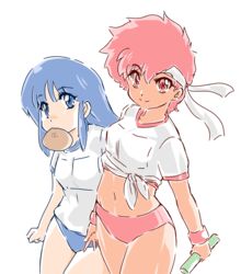  2girls baozi blue_eyes blue_hair bread_eating_race buruma crop_top crossed_legs dark-skinned_female dark_skin dirty_pair food food_in_mouth gym_uniform headband holding kei_(dirty_pair) midriff multiple_girls navel okuri_ookami red_eyes red_hair relay_baton retro_artstyle shirt tied_shirt white_background white_headband white_shirt yuri_(dirty_pair) 