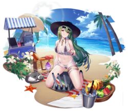  azur_lane bare_shoulders beach bikini black_bikini blue_sky blush brown_eyes clothes_tug cloud day earrings eyewear_on_head feline female full_body green_hair grey-framed_eyewear gujianshaonu hat highres jewelry kneeling littorio_(azur_lane) littorio_(the_glory_of_naples)_(azur_lane) logo multicolored_hair ocean official_alternate_costume official_art outdoors parted_lips picnic_basket red_hair sand sandals sidelocks skindentation sky smile solo starfish streaked_hair sunglasses swimsuit transparent_background watch wristwatch 