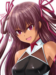  :d artist_name bare_shoulders breasts brown_hair dark-skinned_female dark_skin female haura_akitoshi impossible_clothes impossible_leotard latex latex_leotard leotard long_hair looking_at_viewer mizuki_yukikaze ninja open_mouth purple_eyes simple_background smile solo taimanin_(series) taimanin_suit taimanin_yukikaze tan very_long_hair white_background 