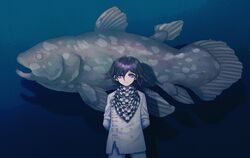  1boy animal arms_behind_back bad_id bad_twitter_id black_eyes blue_eyes buttons chains checkered_clothes checkered_scarf closed_mouth coelacanth cowboy_shot danganronpa_(series) danganronpa_v3:_killing_harmony double-breasted esu_(tasoesu) fish hair_between_eyes highres jacket long_sleeves looking_at_viewer male_focus oma_kokichi oversized_animal pants purple_eyes scarf short_hair smile solo straitjacket white_jacket white_pants 