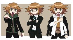  1boy :d bad_id bad_twitter_id black_jacket black_pants brown_background brown_eyes brown_hair collarbone collared_shirt commentary cosplay cropped_legs cross_tie crossed_arms danganronpa:_trigger_happy_havoc danganronpa_(series) dress_shirt fujisaki_chihiro furukawa_(yomawari) glasses green_hoodie hagakure_yasuhiro hagakure_yasuhiro_(cosplay) highres hood hoodie jacket male_focus multiple_views naegi_makoto naegi_makoto_(cosplay) open_clothes open_jacket open_mouth pants pointing pointing_at_viewer shirt short_hair smile standing togami_byakuya togami_byakuya_(cosplay) white_shirt zipper 