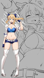  ^_^ absurdres ahoge alternate_breast_size artoria_pendragon_(fate) belt blonde_hair blue_bow blue_eyes blue_gloves blue_shorts blush boots bow breasts cleavage closed_eyes commentary crop_top fate/extella fate/extella_link fate/extra fate_(series) female gloves grey_background hairbow highres large_breasts long_hair midriff multiple_views navel open_clothes open_shirt pinepin saber_(fate) saber_(type-moon_racing)_(fate) shirt short_shorts shorts standing stomach strapless thigh_boots thighs tube_top white_belt white_footwear white_shirt 