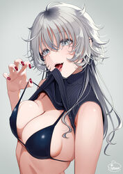  bikini bikini_pull black_bikini black_sweater breasts clothes_pull commentary covered_nipples duplicate female fingernails grey_background grey_eyes grey_hair hair_over_eyes long_fingernails medium_breasts mole mole_under_eye nail_polish open_mouth original pixel-perfect_duplicate red_nails simple_background skindentation smile solo sweater swimsuit teeth tongue tongue_hold tongue_out tsukana_(saba_mizore) turtleneck upper_body upper_teeth_only very_long_fingernails 