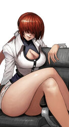  ass breasts buttons carcass_(artist) chair cleavage cleavage_cutout closed_mouth clothing_cutout commentary covered_collarbone crossed_legs earrings female fingernails hair_over_eyes jacket jewelry korean_commentary large_breasts lips long_hair long_sleeves looking_at_viewer miniskirt ponytail red_hair shermie_(kof) simple_background sitting sitting_on_object skirt smile solo the_king_of_fighters thighs turtleneck white_background 