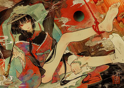  1boy barefoot bishounen black_hair bracelet feet frills hat holding holding_knife holding_smoking_pipe japanese_clothes jewelry kiseru knife long_hair long_sleeves male_focus off_shoulder one_eye_closed original red_eyes red_rope rope signature smoke smoking smoking_pipe soles solo straw_hat tabi tsubonari veil wide_sleeves 