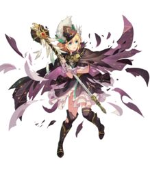  blonde_hair boots cape dress female fingerless_gloves fire_emblem fire_emblem:_genealogy_of_the_holy_war fire_emblem_heroes full_body gloves green_eyes hat highres holding knee_boots konfuzikokon layered_skirt looking_away nanna_(fire_emblem) nanna_(scion)_(fire_emblem) non-web_source official_art open_mouth short_hair short_sleeves sidelocks skirt solo staff thighhighs torn_cape torn_clothes torn_thighhighs transparent_background 