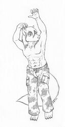  2010 abs anthro barefoot biped black_and_white bottomwear canid canine canis cheek_tuft claws clothed clothing coyotek eyebrows facial_tuft feet front_view hair hi_res jackal line_art looking_aside male mammal monochrome muscular muscular_anthro muscular_male navel pants pecs pose solo standing toe_claws topless topless_male tuft 