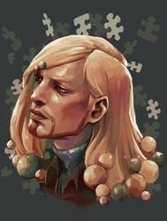  1boy absurdres beard blonde_hair brown_eyes facial_hair green_background higashikata_norisuke_iv highres jigsaw_puzzle jojo_no_kimyou_na_bouken jojolion long_hair male_focus puzzle solo turtleneck zookhini 