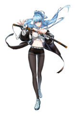  absurdres bare_shoulders belt black_jacket black_shorts blue_eyes blue_hair breasts brown_pantyhose closers collarbone crop_top elbow_gloves female fingerless_gloves floating_hair full_body gloves glowing glowing_eye highres holding holding_sword holding_weapon jacket katana large_breasts long_hair looking_at_viewer micro_shorts midriff navel off_shoulder official_art open_clothes open_jacket pantyhose ponytail shaded_face sheath sheathed shirt shoes shorts sleeveless sleeveless_shirt sleeveless_turtleneck small_pupils solo standing stomach sword tachi-e tassel thighband_pantyhose turtleneck v-shaped_eyebrows very_long_hair violet_(closers) weapon white_background white_gloves white_shirt 