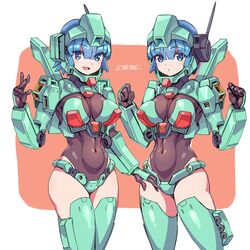  2girls :o black_gloves blue_eyes blue_hair breasts clenched_hands commentary_request covered_navel gloves gundam gundam_unicorn highres humanization mecha_musume medium_breasts michi_kuso missile_pod multiple_girls open_hand open_hands open_mouth short_hair signature skin_tight stark_jegan thighhighs 