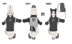  absurdres animal_ears animal_hood backpack bag black_choker choker collarbone deku_suke ears_down expressionless extra_ears female full_body hair_between_eyes highres hood hood_down hood_up japari_symbol kemono_friends long_sleeves medium_hair multiple_views outstretched_arm oversized_clothes red_eyes simple_background sleeves_past_fingers sleeves_past_wrists standing tail white_background white_hair white_serval_(kemono_friends) 