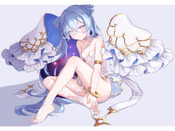  absurdres armlet bare_arms bare_shoulders barefoot black_hair blue_eyes blue_hair blush bracelet breasts colored_inner_hair commission dress feet female floating floating_object full_body hair_between_eyes hair_ornament hair_spread_out hands_on_feet heterochromia highres jewelry knee_up long_hair looking_at_viewer multicolored_hair nail_polish original purple_eyes purple_nails qiya_(kia_098) red_eyes sitting small_breasts soles solo star_(symbol) star_hair_ornament toe_ring toenail_polish toenails toes very_long_hair white_dress yume_(454565427) 