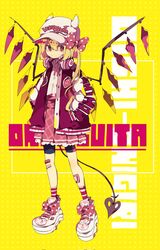  alternate_costume baseball_cap blonde_hair bow buttons casual closed_mouth corrupted_twitter_file crystal fake_horns female flandre_scarlet footwear_bow full_body hair_between_eyes hairbow hands_in_pockets hat headphones headphones_around_neck highres horned_headwear horns jacket jitome laevatein_(touhou) long_sleeves looking_at_viewer medium_hair miniskirt nikorashi-ka one_side_up pink_footwear pink_jacket pink_skirt polka_dot polka_dot_bow red_eyes shirt sideways_glance skirt smiley_face socks solo standing thigh_shorts touhou white_shirt wings yellow_background 