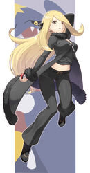  blonde_hair breasts cleavage coat commentary crop_top cropped_shirt cynthia_(pokemon) earrings eyelashes female full_body fur-trimmed_coat fur_trim garchomp grey_eyes highres holding holding_poke_ball jewelry long_hair long_sleeves midriff navel pants parted_lips poke_ball poke_ball_(basic) pokemon pokemon_dppt shirt shoes smile tokumaro 