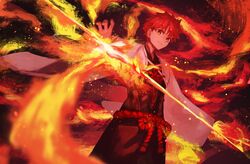  1boy aito closed_mouth cowboy_shot embers emiya_shirou fate/grand_order fate_(series) fire highres male_focus nagatekkou outstretched_hand red_hair rope senji_muramasa_(fate) senji_muramasa_(second_ascension)_(fate) shimenawa smile solo weapon wide_sleeves yellow_eyes 