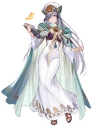  book breasts bug butterfly cape dress female fire_emblem fire_emblem:_genealogy_of_the_holy_war fire_emblem_heroes full_body hanusu hat highres holding holding_book julia_(fire_emblem) julia_(scion)_(fire_emblem) long_dress long_hair medium_breasts non-web_source official_art parted_lips purple_eyes purple_hair sandals smile solo standing toes transparent_background very_long_hair white_dress wide_sleeves 