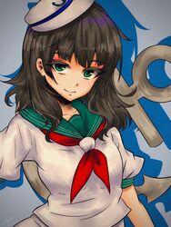  anchor black_hair blue_background breasts collarbone drop_shadow female green_eyes hat medium_breasts medium_hair murasa_minamitsu neckerchief red_neckerchief sailor sailor_collar sailor_hat sailor_shirt shiraniwa_rin shirt short_sleeves simple_background smile solo standing touhou upper_body white_shirt 