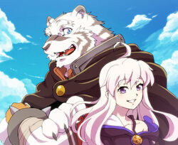  anthro blue_eyes duo felid female fruitz fur grimoire_of_zero hi_res human humanoid male mammal mercenary_(grimoire_of_zero) pantherine tiger white_body white_fur zero_(grimoire_of_zero) 