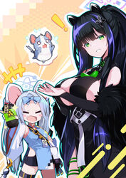  ! 2girls =_= animal_ears black_hair blue_archive blush_stickers breasts china_dress chinese_clothes commentary_request detached_sleeves dress forehead green_eyes grey_hair hair_ornament highres large_breasts mouse_(animal) mouse_ears multiple_girls nezusuke_(blue_archive) oerba_yun_fang omochishiki open_mouth ribbon saya_(blue_archive) shorts shun_(blue_archive) vial 