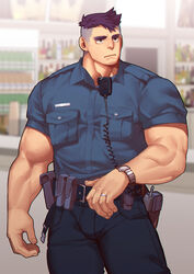  1boy absurdres bara belt bulge feet_out_of_frame highres jewelry large_hands looking_to_the_side male_focus muscular muscular_male original police police_uniform policeman purple_hair ring short_hair sideburns solo standing strongman_waist thick_eyebrows thick_neck thick_thighs thighs ttn_(239_239) uniform watch wristwatch 