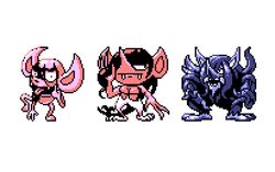  akanbe commentary english_commentary evolutionary_line eyelid_pull fangs full_body grimmsnarl impidimp long_hair looking_at_viewer morgrem multiple_monochrome pat_attackerman pixel_art pokemon pokemon_(creature) pokemon_rgby pokemon_rgby_(style) simple_background sprite standing standing_on_one_leg tongue tongue_out white_background 