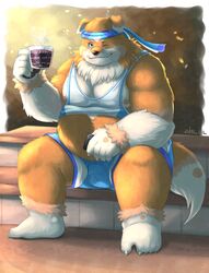  2020 absurd_res anthro aotoaka belly bottomwear brown_body brown_fur canid canine canis clothing cute_fangs domestic_dog electronics fur hi_res humanoid_hands male mammal one_eye_closed overweight overweight_anthro overweight_male phone shirt shorts sitting solo topwear white_body white_fur wink 