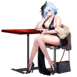  bag black_dress blue_hair breasts cleavage cup dress drinking_glass female full_body hair_between_eyes handbag hat high_heels highres jewelry large_breasts last_origin light_blue_hair looking_at_viewer necklace official_alternate_costume official_art red_eyes short_hair sitting snowball22 solo stool table tachi-e third-party_source titania_frost transparent_background wine_glass 